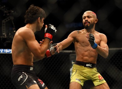 Deiveson Figueiredo (right) pictured during his win against Alexandre Pantoja at UFC 240.