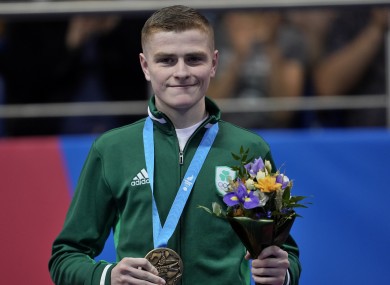 Regan Buckley poses with his European light-flyweight medal in Minsk.