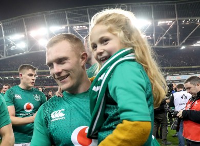 Keith Earls with his daughter Ella-Maye after Ireland's win against New Zealand in November 2018.