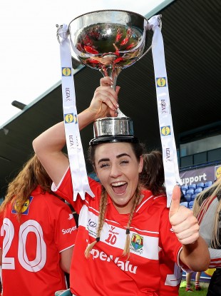 Orlagh Farmer celebrating Cork's league title victory last year.