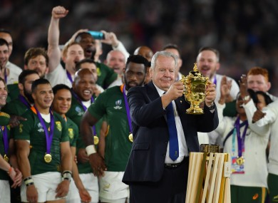 Bill Beaumont presents South Africa with the Webb Ellis trophy after last year's World Cup final.