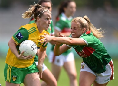 Niamh McLaughlin of Donegal in action against Éilis Roynane of Mayo during the TG4 All-Ireland Ladies Football Senior Championship Group 4 Round 3 match between Donegal and Mayo at Bord Na Mona O'Connor Park in Tullamore, Offaly.