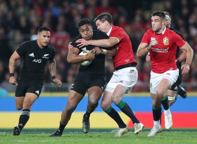 Julian Savea is tackled by Johnny Sexton while playing for New Zealand in the third Test against the British & Irish Lions in 2017.