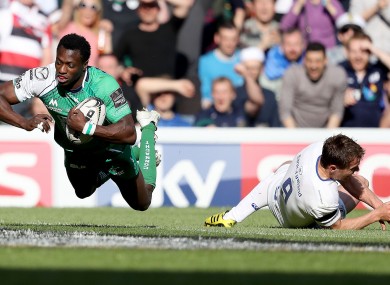 Niyi Adeolokun scores a try against Leinster during the 2016 Pro12 final.
