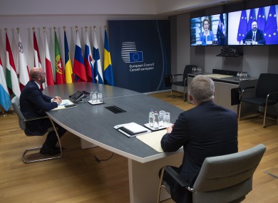 European Council President Charles Michel speaks to Ursula von der Leyen, on screen left, prior to EU-UK talks today.