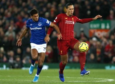 Dominic Calvert-Lewin with Virgil van Dijk during the Merseyside Derby staged at Anfield earlier this season.