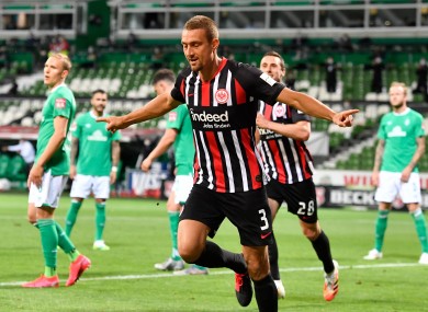 Stefan Ilsanker celebrates after scoring for Eintracht Frankfurt in tonight's win against Werder Bremen.