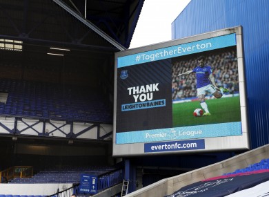 A thank you notice to Everton's Leighton Baines is shown up on the LED screen after the Premier League match at Goodison Park.