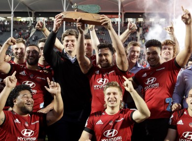 Crusaders players celebrate after winning the Super Rugby Aotearoa trophy recently.