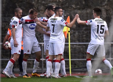 Dundalk's David McMillan (second left) is congratulated after scoring the only goal of the game against Inter d'Escaldes.