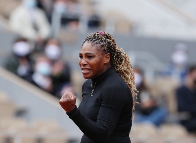 Serena Williams celebrates her opening win at the French Open.