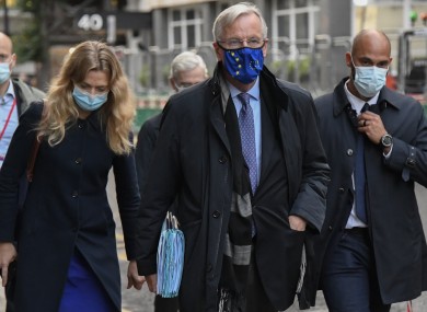 EU Chief negotiator Michel Barnier wears a face mask as he walks to The Westminster Conference Centre