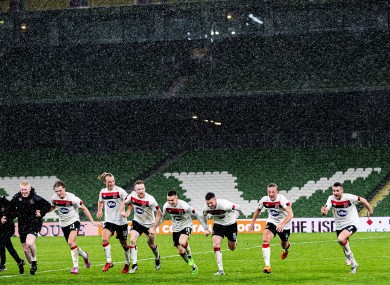 The Dundalk players celebrate qualification at the Aviva Stadium.