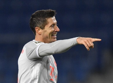 Robert Lewandowski celebrates after scoring against Arminia Bielefeld.