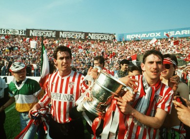 Noel Larkin and Paul Carlyle of Derry City with the cup.