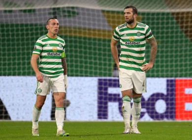 Celtic's Scott Brown and Shane Duffy appear dejected in the aftermath of Sparta Prague's second goal.
