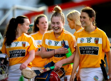 Antrim players celebrate after their win over Laois.