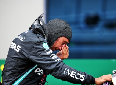 Lewis Hamilton reacts to victory.