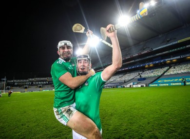 Limerick’s Aaron Gillane and Diarmaid Byrnes celebrate after the All-Ireland final.