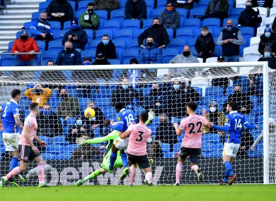 Brighton and Hove Albion's Danny Welbeck (centre left) scores.