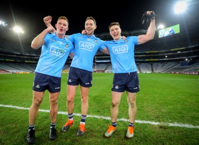 Dublin's Ciarán Kilkenny, Dean Rock and John Small celebrate after the All-Ireland final.