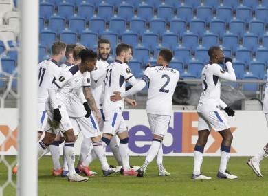 Rangers players celebrate after Ianis Hagi's goal.