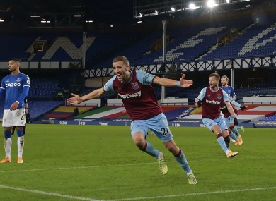 West Ham United's Tomas Soucek celebrates scoring.