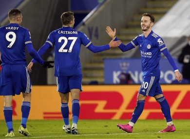 Leicester City's James Maddison celebrates scoring his side's second goal.