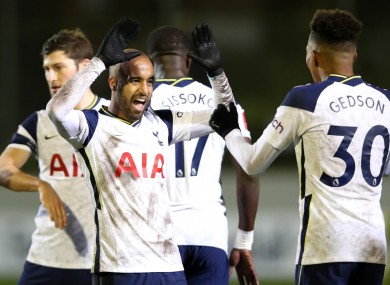 Spurs' Lucas Moura celebrating a goal against Marine in the FA Cup yesterday.