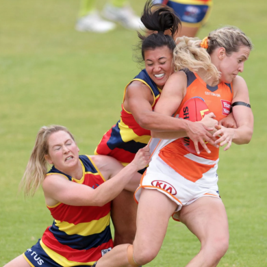 Bríd Stack is tackled by fellow Irishwoman Ailish Considine earlier in yesterday's AFLW practice match.