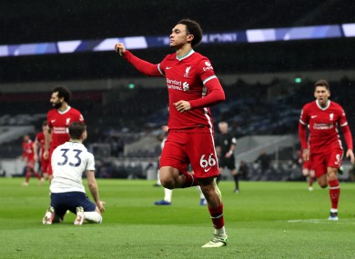 Liverpool's Trent Alexander-Arnold celebrates scoring.
