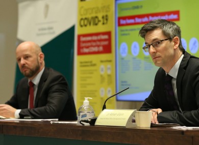 Prof Philip Nolan (left) with Dr Ronan Glynn at last night's NPHET briefing.