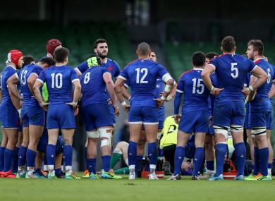 The France team in a huddle during their win over Ireland.