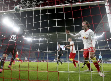 Yussuf Poulsen celebrates Sorloth's winner.