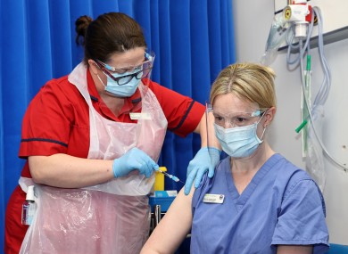 File photo of vaccinator Deborah Cross with Bernie Waterhouse, who was the first healthcare worker to receive a Covid vaccine in the Republic of Ireland.