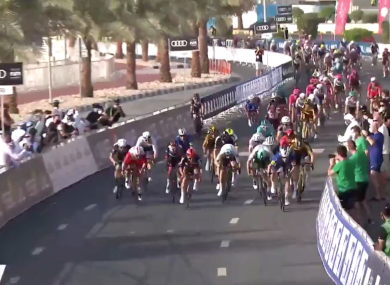 Bennett, right in blue, was first to the line.
