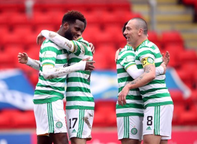Celtic players celebrate after a goal from Odsonne Edouard.