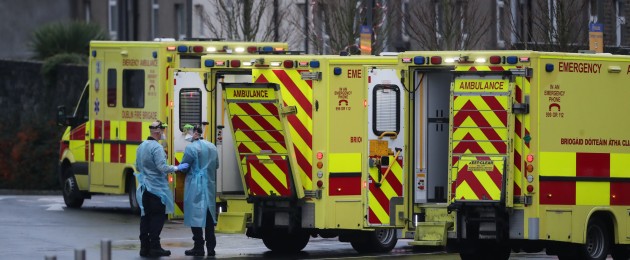 Medics in PPE and ambulances outside the ED at the Mater Hospital in Dublin