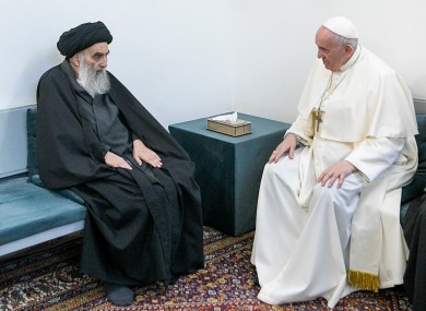 Pope Francis, right, meets with Iraq’s leading Shiite cleric, Grand Ayatollah Ali al-Sistani in Najaf, Iraq