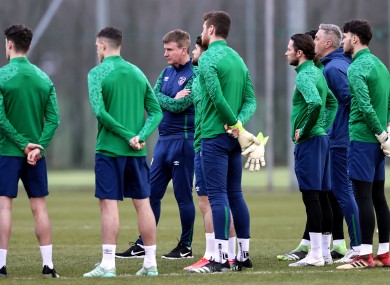 Stephen Kenny and his squad in training at the Debrecen Football Academy yesterday.