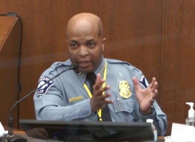 In this image from video, witness Minneapolis Police Chief Medaria Arradondo testifies as Hennepin County Judge Peter Cahill presides