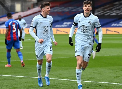Kai Havertz celebrates a goal against Crystal Palace with Mason Mount (left)