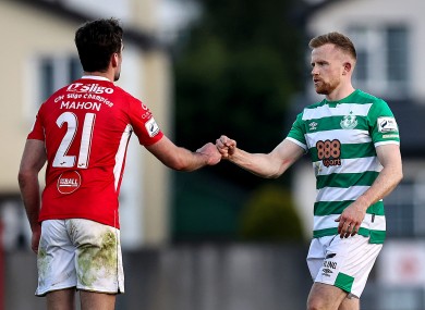 Sligo’s John Mahon with Sean Hoare of Rovers after the game.
