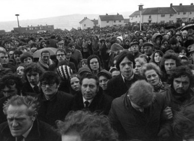 A silent crowd lined the procession route for the funeral of Bloody Sunday victims in 1972