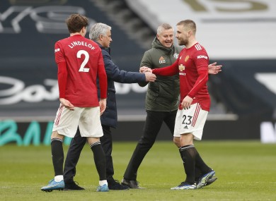 Tottenham Hotspur manager Jose Mourinho (2nd left) and Manchester United manager Ole Gunnar Solskjaer (2nd right) with Manchester United's Victor Lindelof (left) and Luke Shaw.
