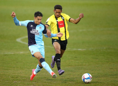 William Hondermarck (right) playing for Harrogate Town against Cambridge United in a League Two game last January.