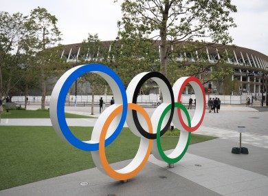 A general view of Olympic Rings outside the Olympic Stadium in Tokyo.