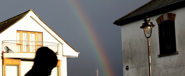 The bright colours of a rainbow ahead of heavy showers in Dublin city centre.