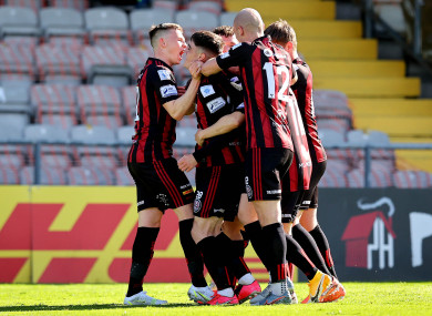 Bohs’ Tyreke Wilson celebrates scoring their second goal.