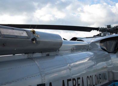 Bullet holes are seen on the fuselage of a Colombian Air Force helicopter that were fired while Colombia’s President Ivan Duque and members of his cabinet were traveling on the helicopter